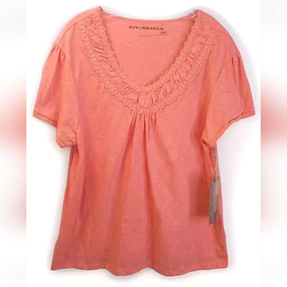 Bit & Bridle Blouse Woman Plus 2X Gauzy Braided V-neck Coral Coastal Cowgirl Nwt
